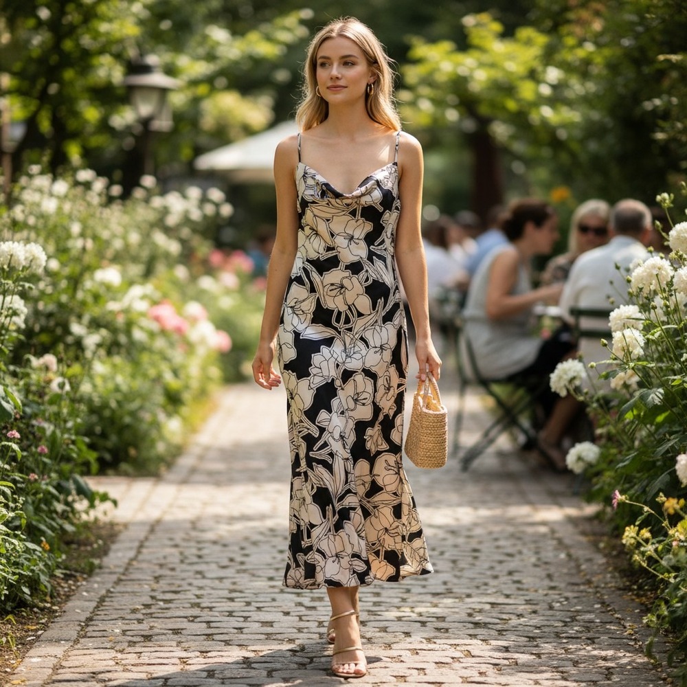 Bar III Midi Dress Women L Black Floral Cowl Neck Slip Dress U10M72R1869 Chic